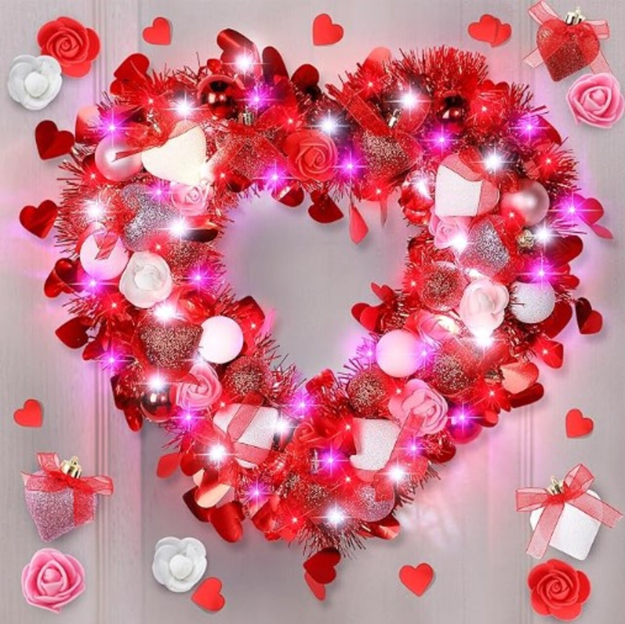 Lighted Valentine's Day Wreath Heart Rose Wreath for Front Door Romantic Decor with Timer Light Up Rose Heart Wreath with Glitter Heart Red Pink White Lights for Valentine's Day Wedding.
